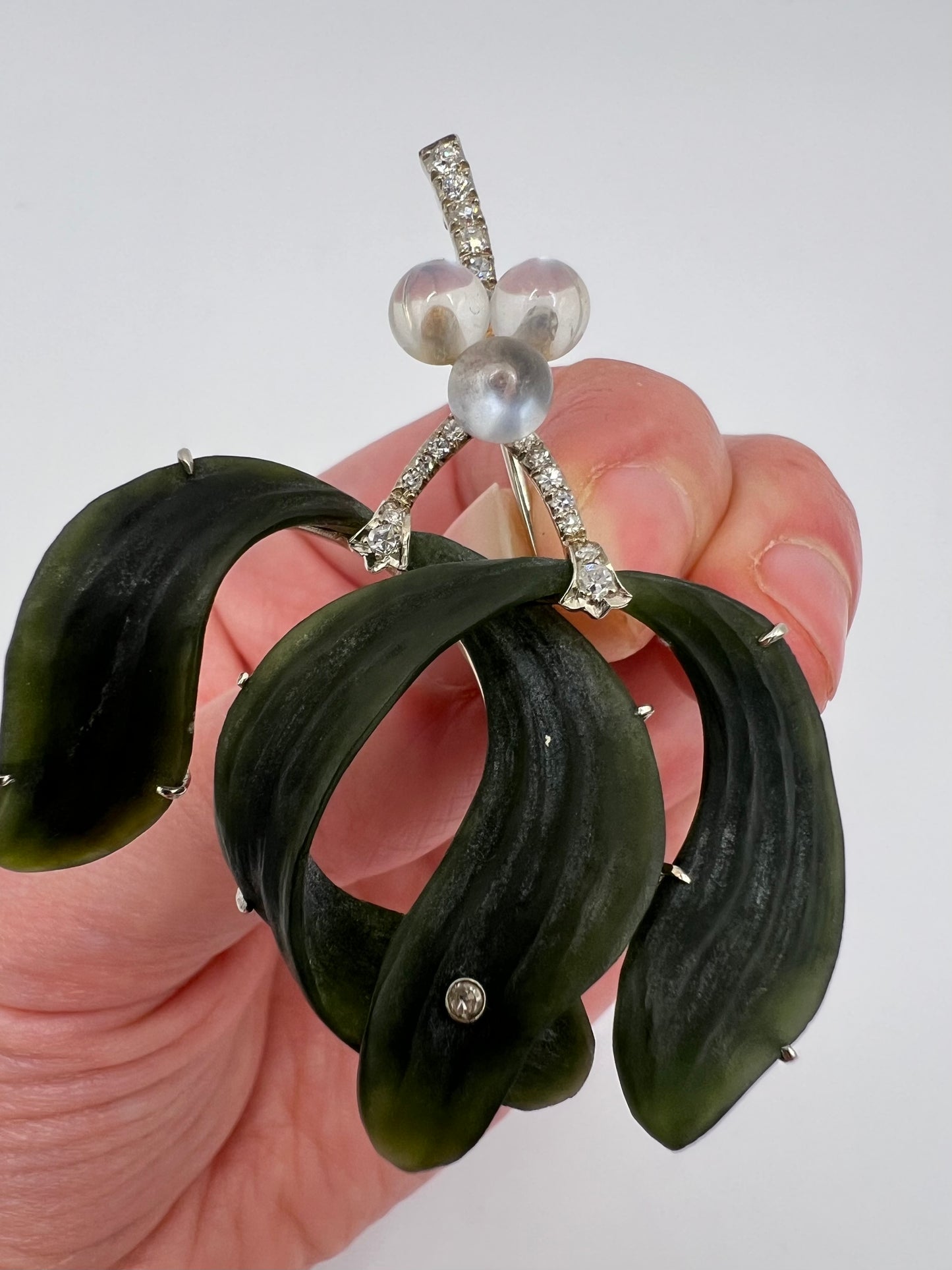 Nephrite Jade, Moonstone, Diamond White Gold Christmas Mistletoe Brooch / Pendant