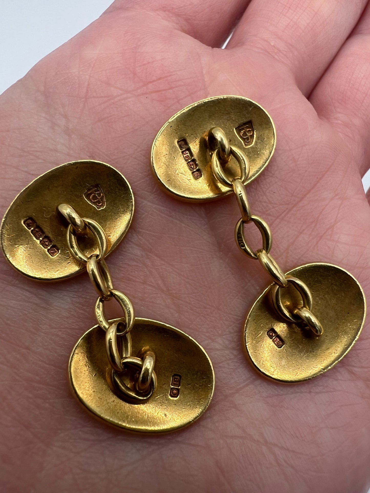 Gold Art Deco Solid 18ct Engine Turned Oval Double Cufflinks