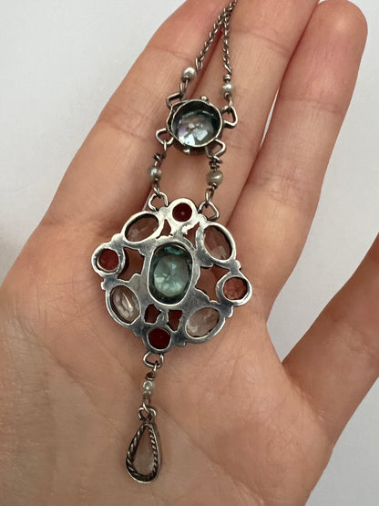 Pink Tourmaline Blue Zircon Rock Crystal Arts & Crafts Silver Pendant. Reserved, please enquire