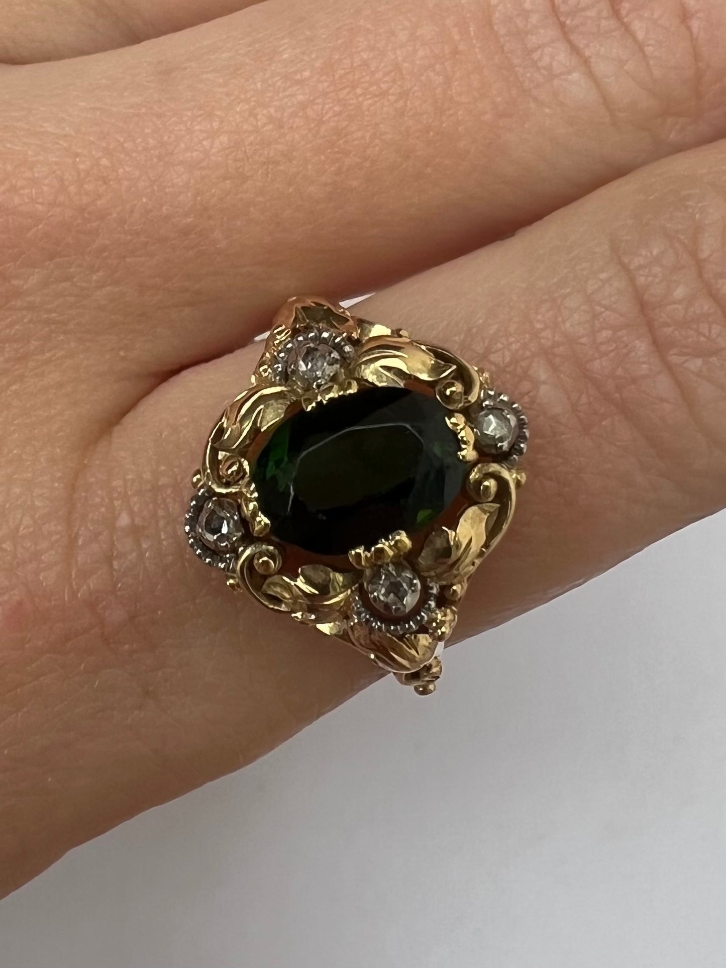 Unusual Arts and Crafts Green Tourmaline Diamond Gold Ring Perhaps American