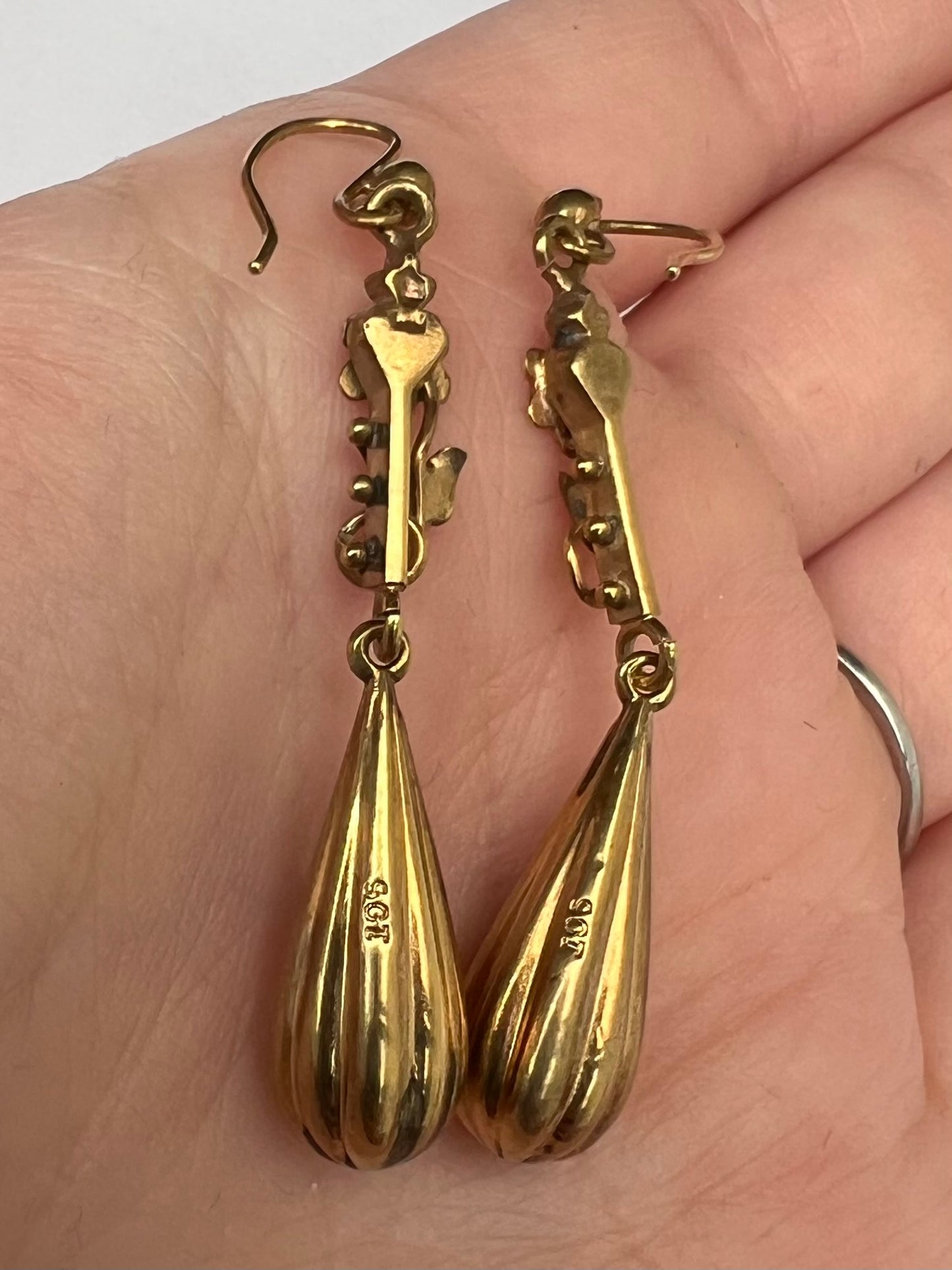 Victorian Torpedo and Flower Gold Drop Dangly Earrings