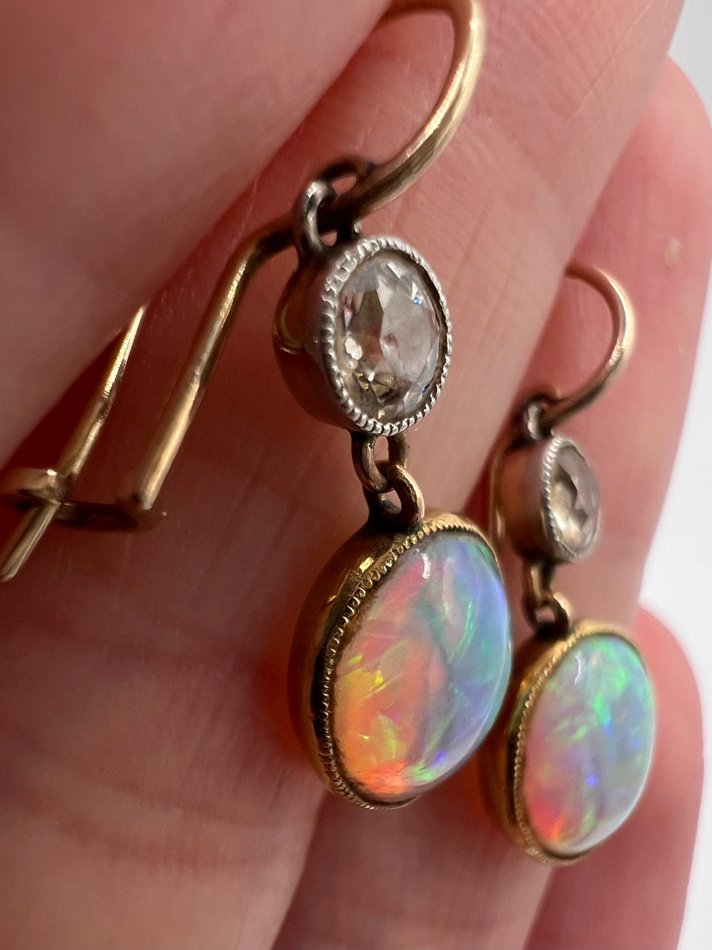 Stunning Antique Opal And Old Cut Diamond Earrings