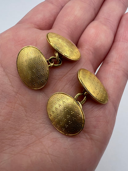 Gold Art Deco Solid 18ct Engine Turned Oval Double Cufflinks
