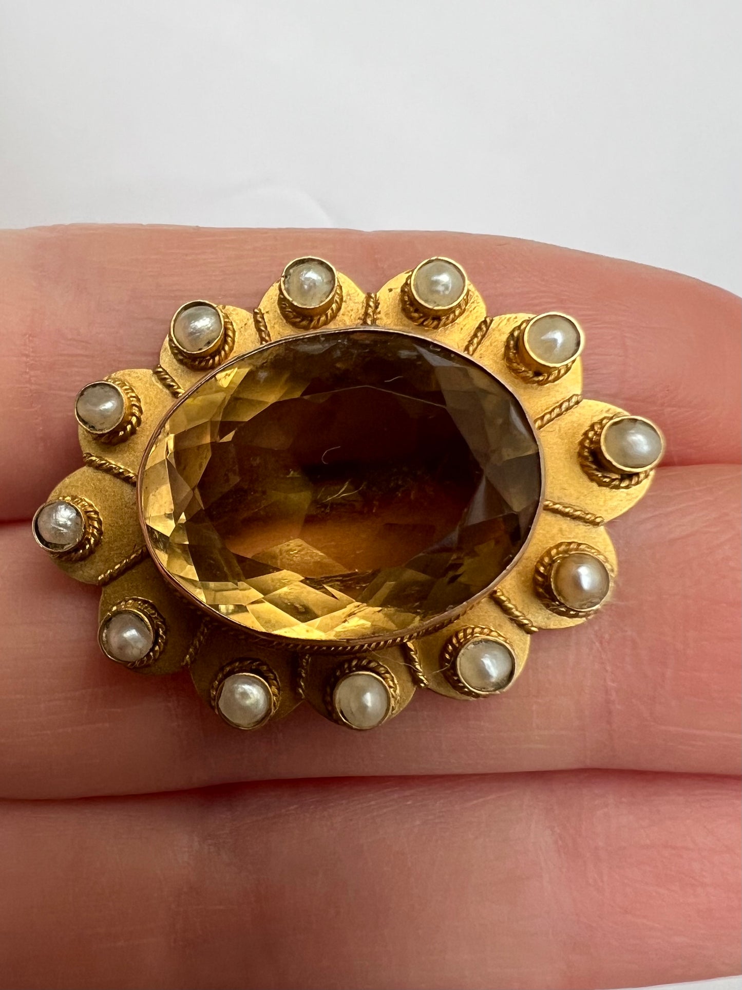 Large Citrine and Pearl Victorian Gold Flower Brooch