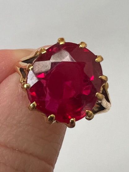 22ct Gold Large Created Ruby Hand Faceted Gents Pinky Ring