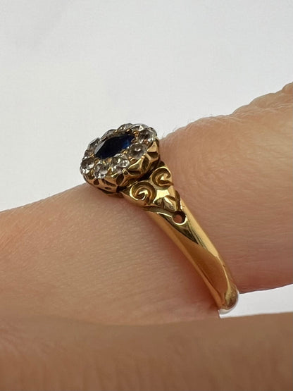 1888 Cute Sapphire Old Cut Diamond Halo 18ct Gold Ring