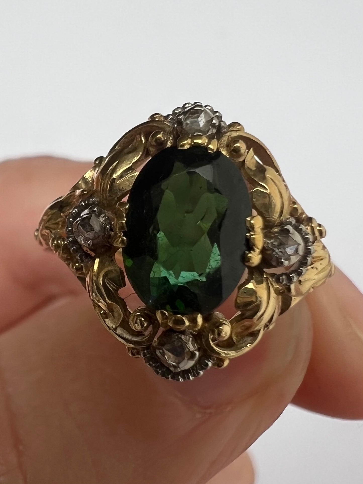 Unusual Arts and Crafts Green Tourmaline Diamond Gold Ring Perhaps American