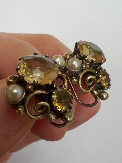 Dorrie Nossiter Citrine Pearl Arts & Crafs Screw Back Earrings