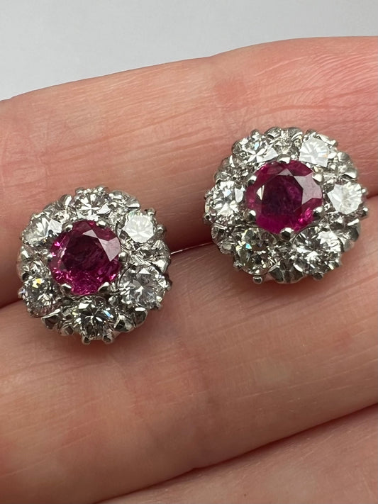 Late Art Deco 1950s Natural Ruby Diamond Daisy Cluster Stud Earrings, Boxed 18ct White Gold