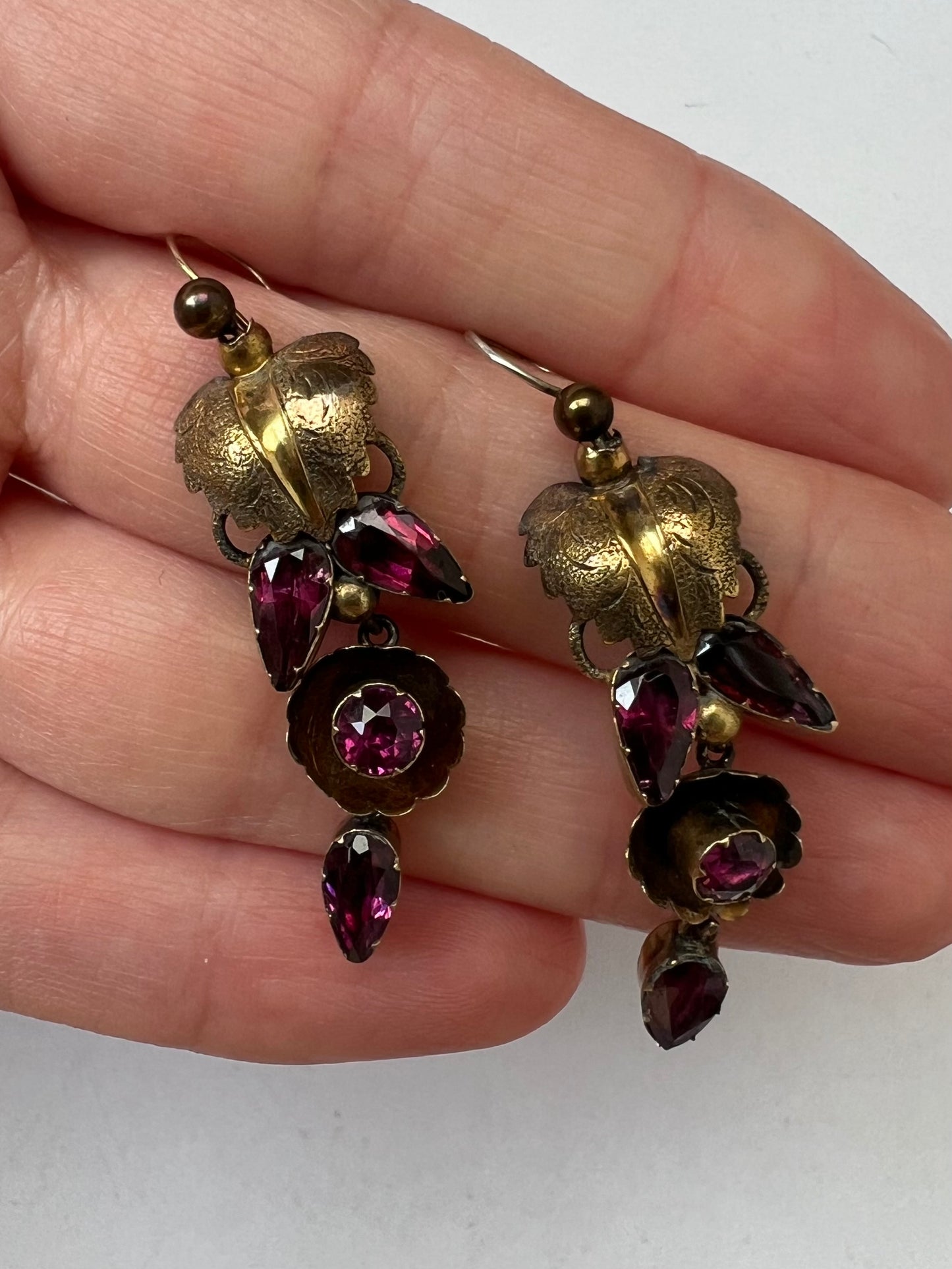 Gold Early 19th Century Pink Almandine Garnet Leaf Earrings