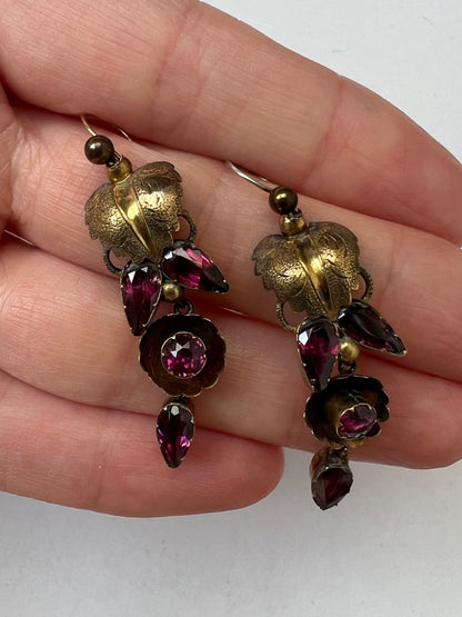 Gold Early 19th Century Pink Almandine Garnet Leaf Earrings