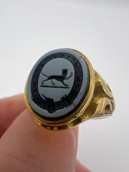 1859 Banded Onyx Black Cat Intaglio Seal Locket Memorial Opening Ring