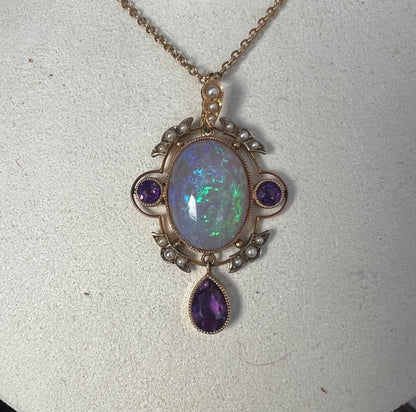 Striking Antique Large Opal Amethyst & Seed Pearl Pendant & Chain