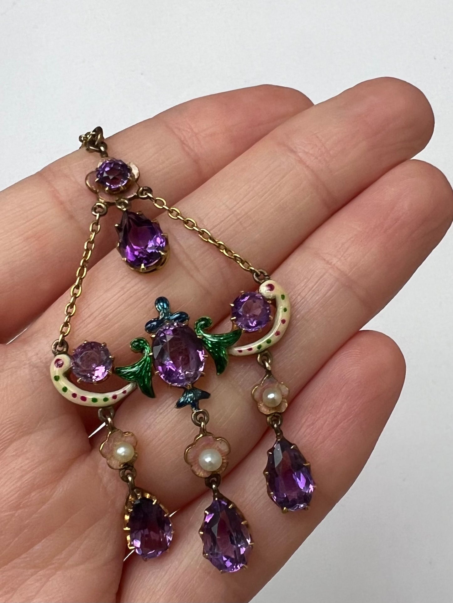 Sentimental Victorian 15ct Gold Amethyst Necklace in Suffragette Colours