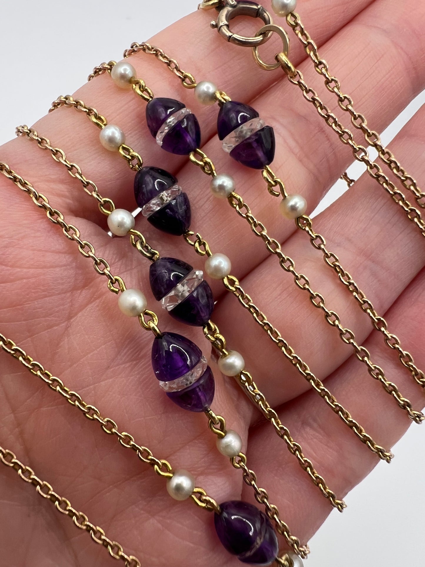 56" Long Art Deco Rose Gold Long Amethyst Pearl Rock Crystal Chain