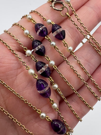 56" Long Art Deco Rose Gold Long Amethyst Pearl Rock Crystal Chain