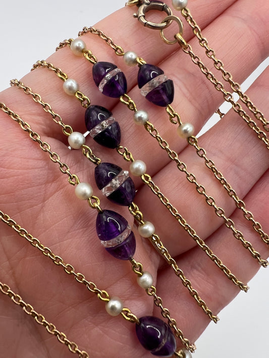 56" Long Art Deco Rose Gold Long Amethyst Pearl Rock Crystal Chain