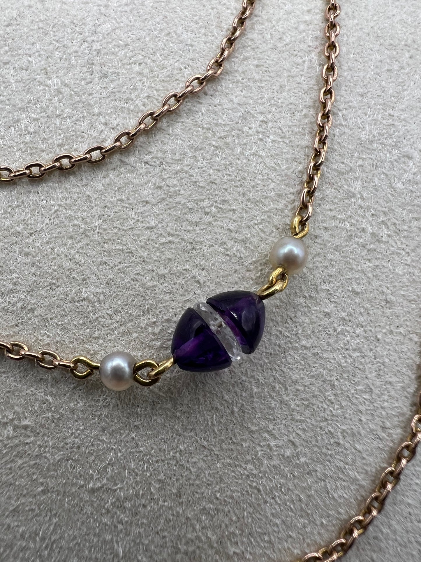 56" Long Art Deco Rose Gold Long Amethyst Pearl Rock Crystal Chain