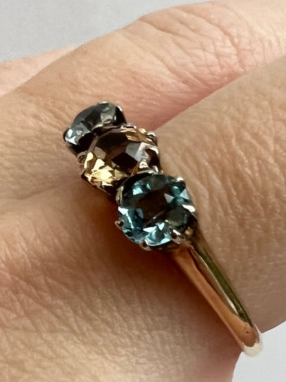 Peach Pink Topaz & Aquamarine 3 Stone Harlequin Pastel Colour Ring in 18ct Gold