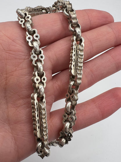 Victorian Stars & Bars Silver Albert Chain Bracelet T bar & Dog Clip