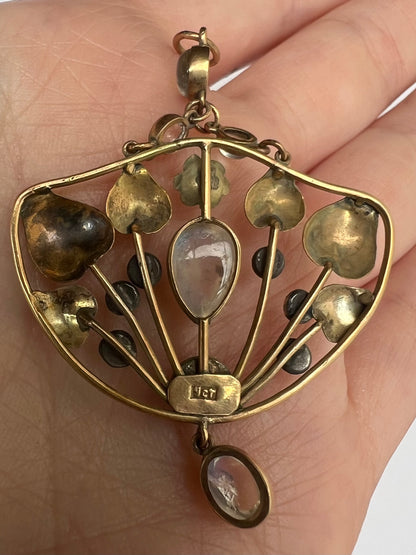 Arts & Crafts Gold Moonstone Garnet Peridot Pendant in the style of Murrle Bennett