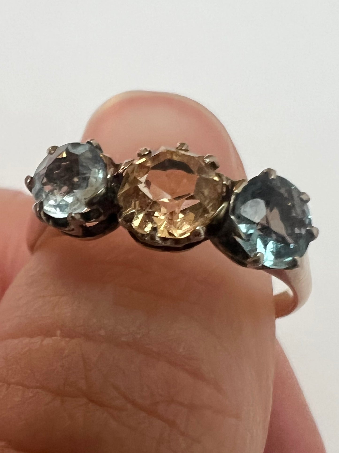 Peach Pink Topaz & Aquamarine 3 Stone Harlequin Pastel Colour Ring in 18ct Gold