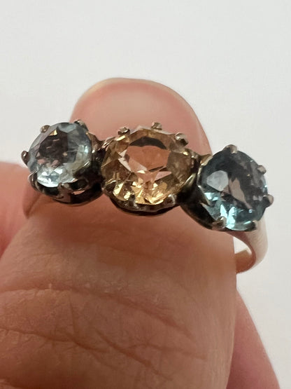 Peach Pink Topaz & Aquamarine 3 Stone Harlequin Pastel Colour Ring in 18ct Gold