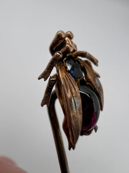 Velvet Boxed Victorian Fly Gold Sapphire Garnet Stick Pin