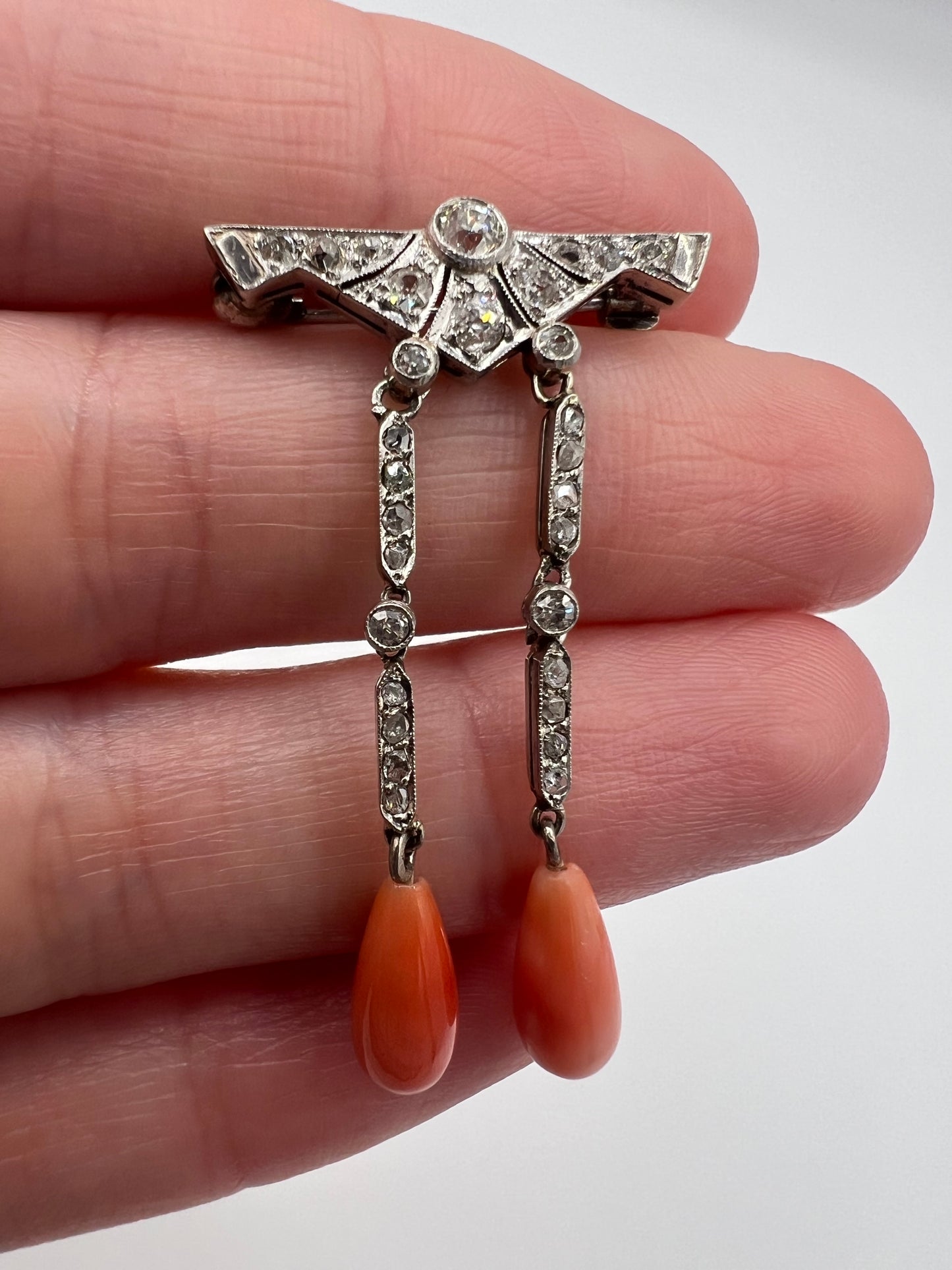 Art Deco Platinum Diamond Coral Brooch