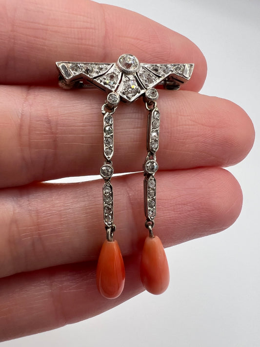 Art Deco Platinum Diamond Coral Brooch