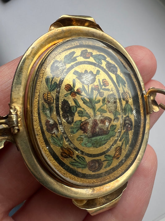 Unusual Picture Locket Swivel Brooch Solid 9ct Gold and Enamel Flowers