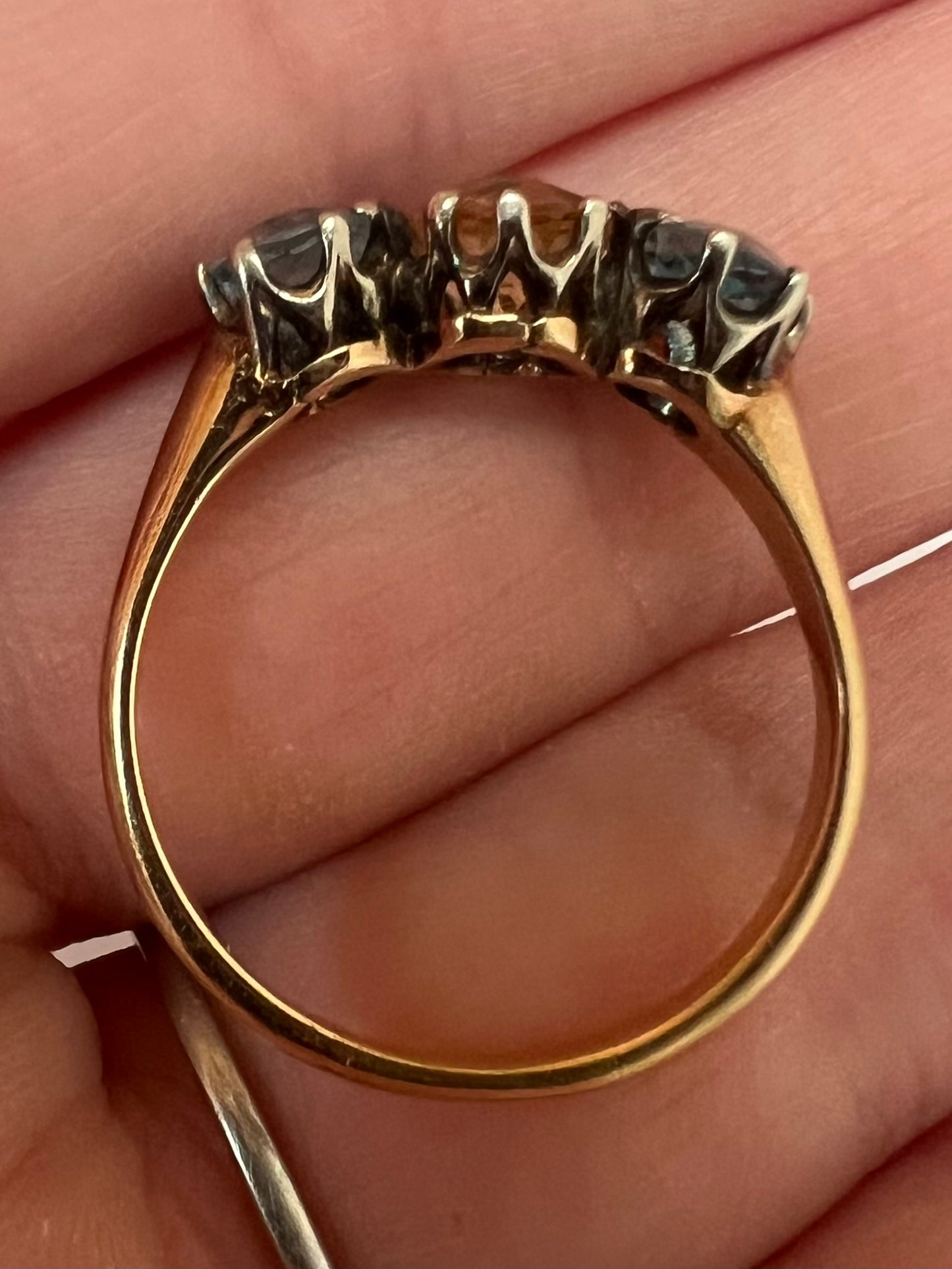 Peach Pink Topaz & Aquamarine 3 Stone Harlequin Pastel Colour Ring in 18ct Gold