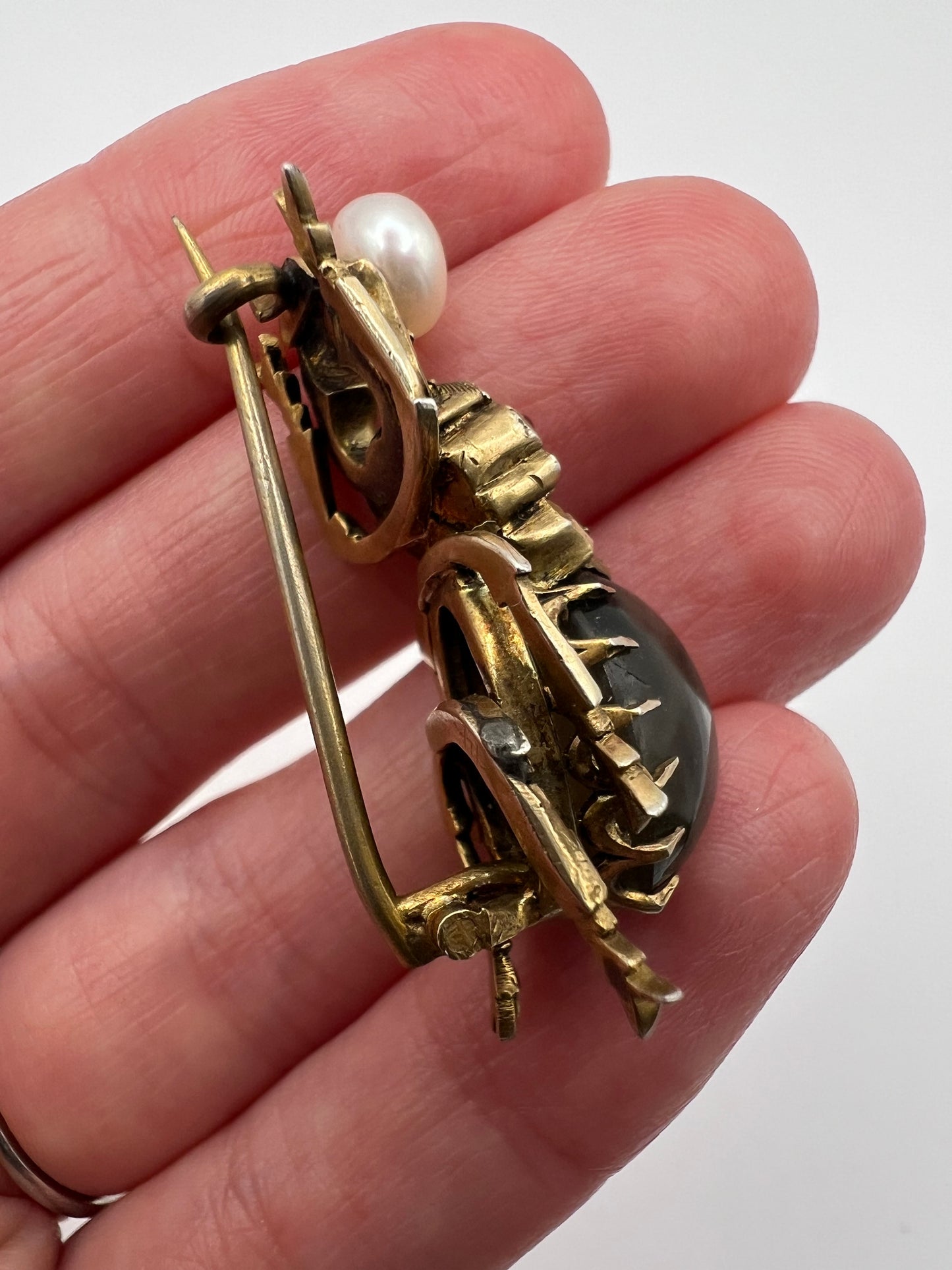 RESERVED Please enquire - Egyptian Revival Scarab Beetle Pushing Pearl Brooch