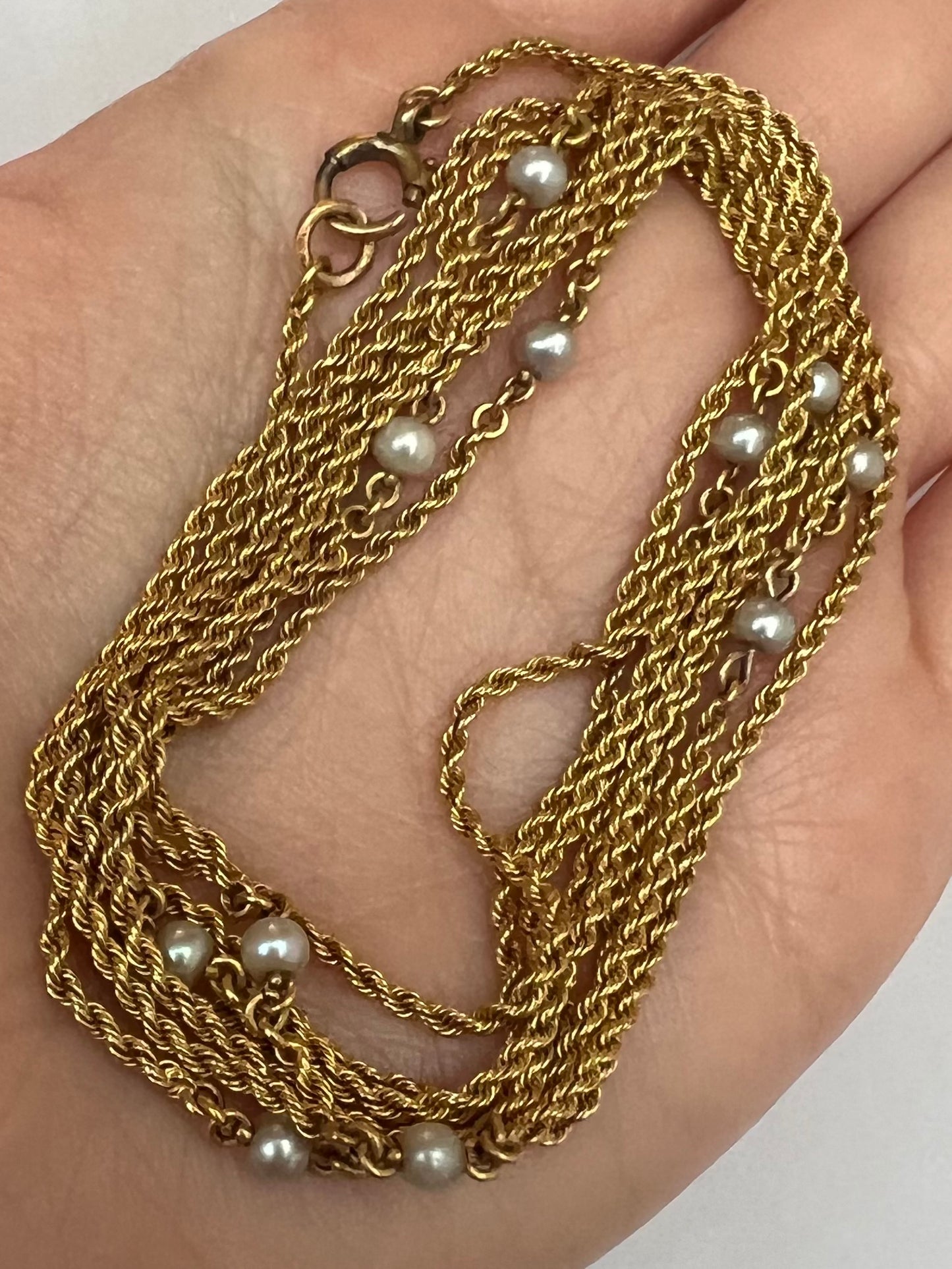 Very Long 54.7" 15ct Gold Muff Chain With Pearls