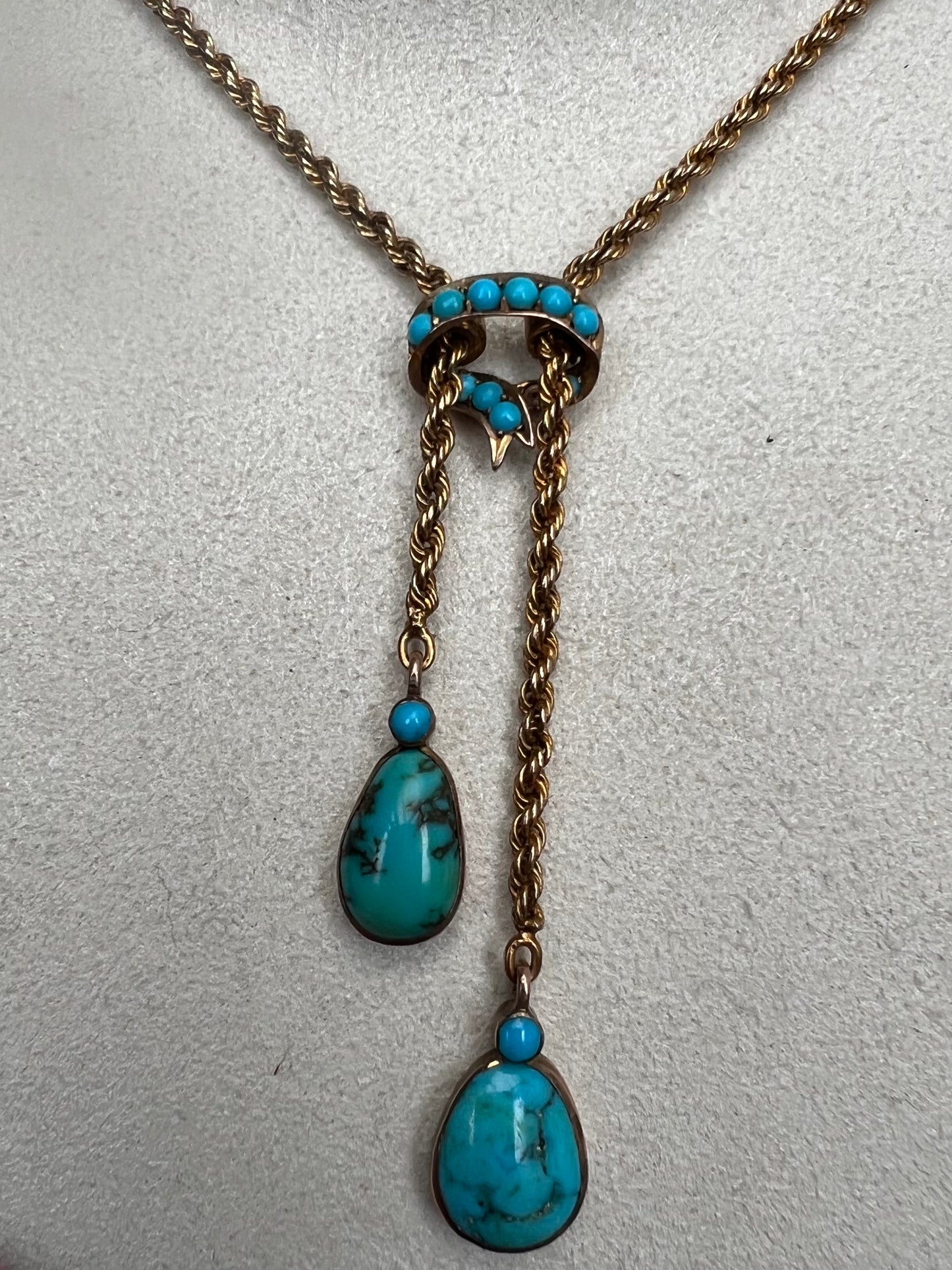 c1915 Turquoise & Gold Negligee Double Drop Pendant Necklace