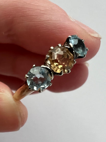 Peach Pink Topaz & Aquamarine 3 Stone Harlequin Pastel Colour Ring in 18ct Gold