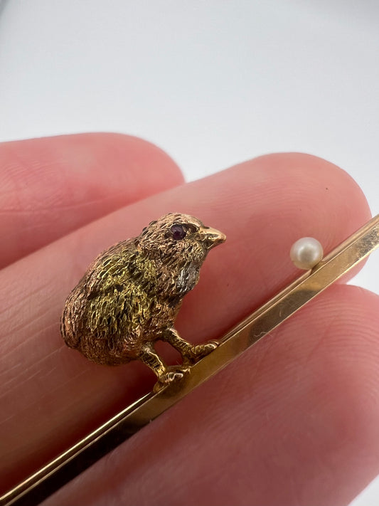 RESERVED Please enquire - Originally Boxed 14ct Gold Easter Chick and Pearl Stick Pin