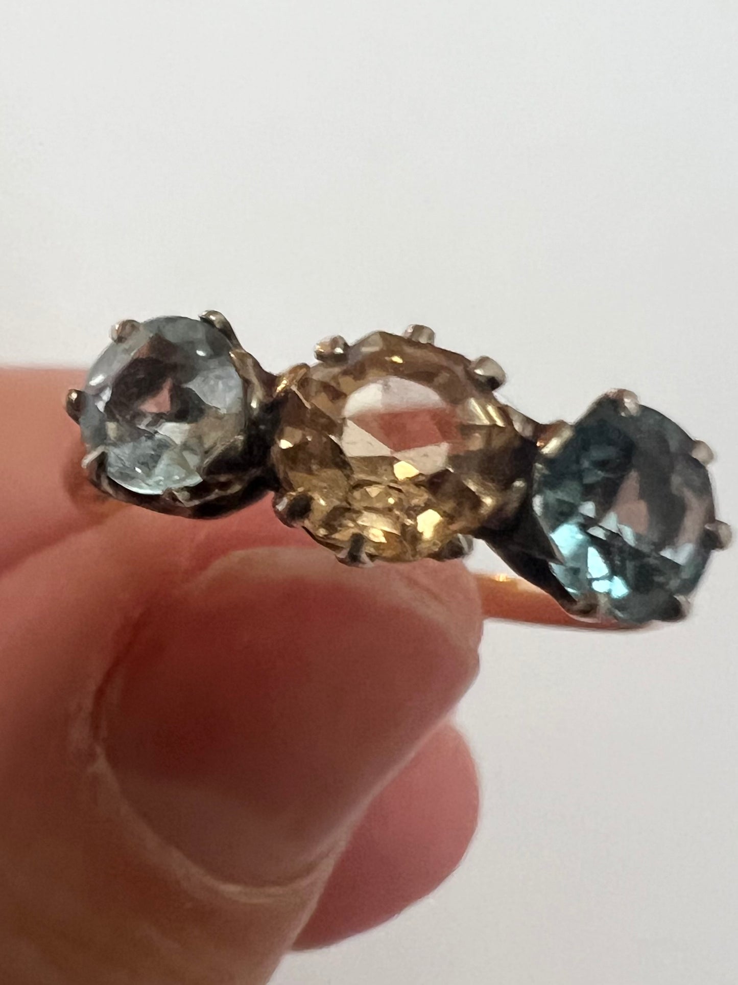 Peach Pink Topaz & Aquamarine 3 Stone Harlequin Pastel Colour Ring in 18ct Gold