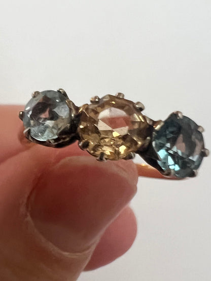 Peach Pink Topaz & Aquamarine 3 Stone Harlequin Pastel Colour Ring in 18ct Gold