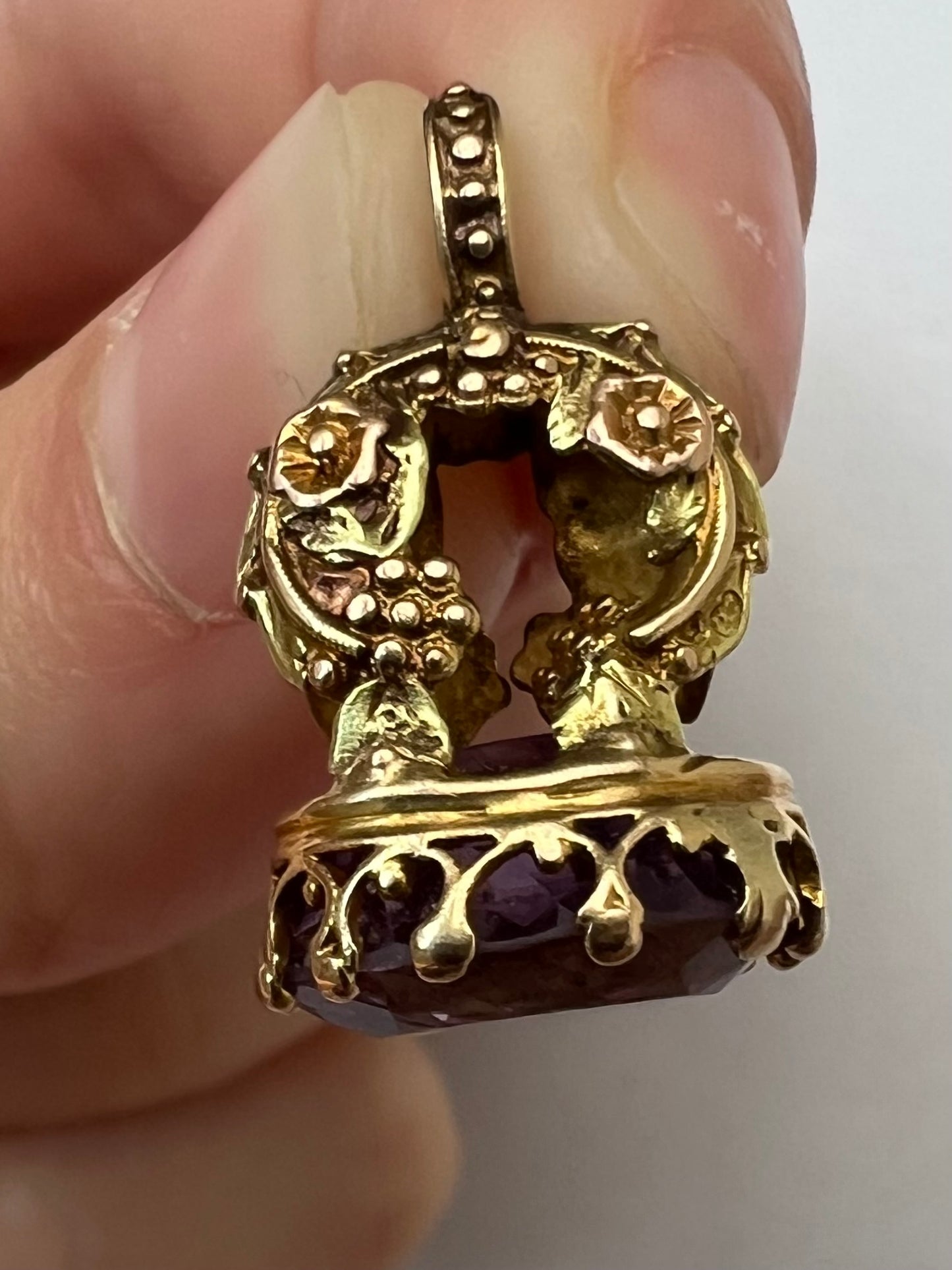 Early Victorian Small Amethyst Rose and Yellow Gold Watch Fob Pendant
