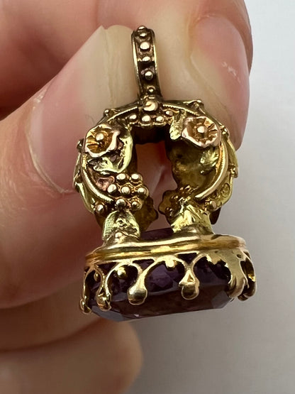 Early Victorian Small Amethyst Rose and Yellow Gold Watch Fob Pendant