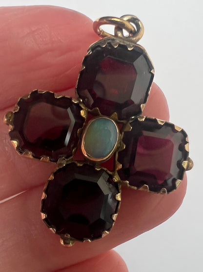 Georgian Revival Victorian Gold Almandine Garnet Opal Cruciform Pendant