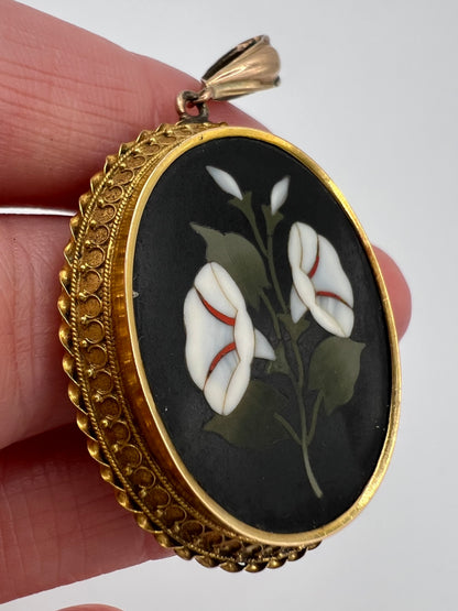 Pietra Dura Flower Locket Pendant in Exquisite Etruscan Gold Frame