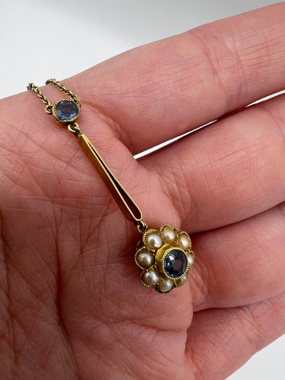 Cornflower Blue Sapphire Daisy Pearl Edwardian Pendant 15ct Gold