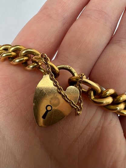 1902 - Best Of its Type - 48.6g 18ct Solid Gold Curb Link Bracelet & Heart Padlock
