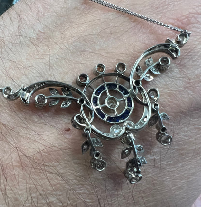 Antique Belle Époque diamond 18ct White Gold Sapphire Lavalier Necklace