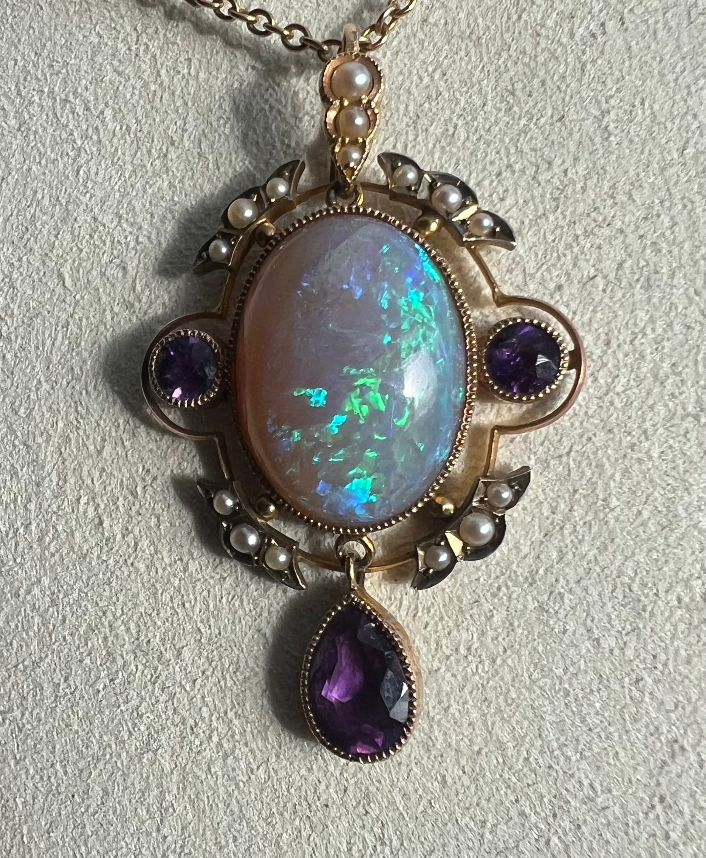 Striking Antique Large Opal Amethyst & Seed Pearl Pendant & Chain
