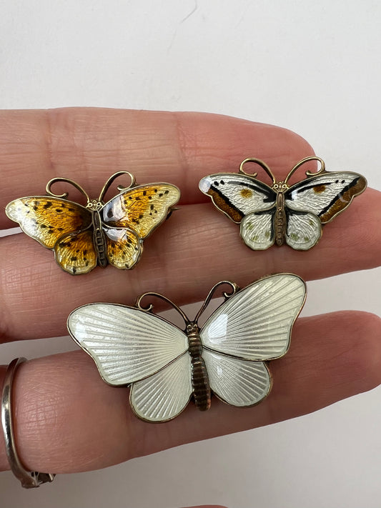Three Norwegian Silver Enamel Butterfly Brooch Pins