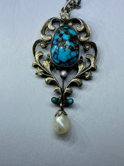 Turquoise Silver Pearl Arts & Crafts Pendant And Chain