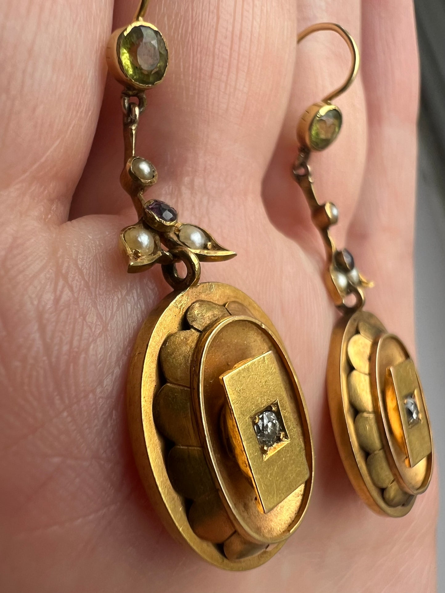 15ct Gold Suffragist Earrings Tourmaline Diamond Pearl Peridot